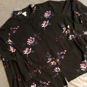 Black Floral High-Low Button Down Shirt, 4X